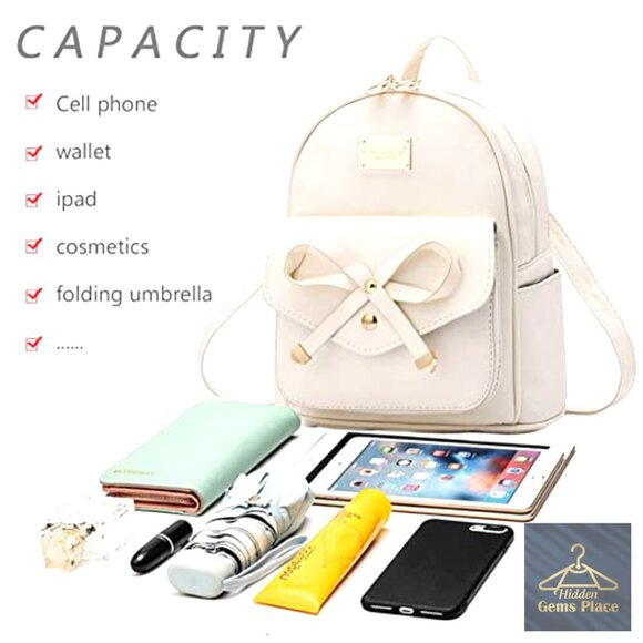Mini Leather Backpack with Bowknot, Adjustable Straps, 7 Pockets